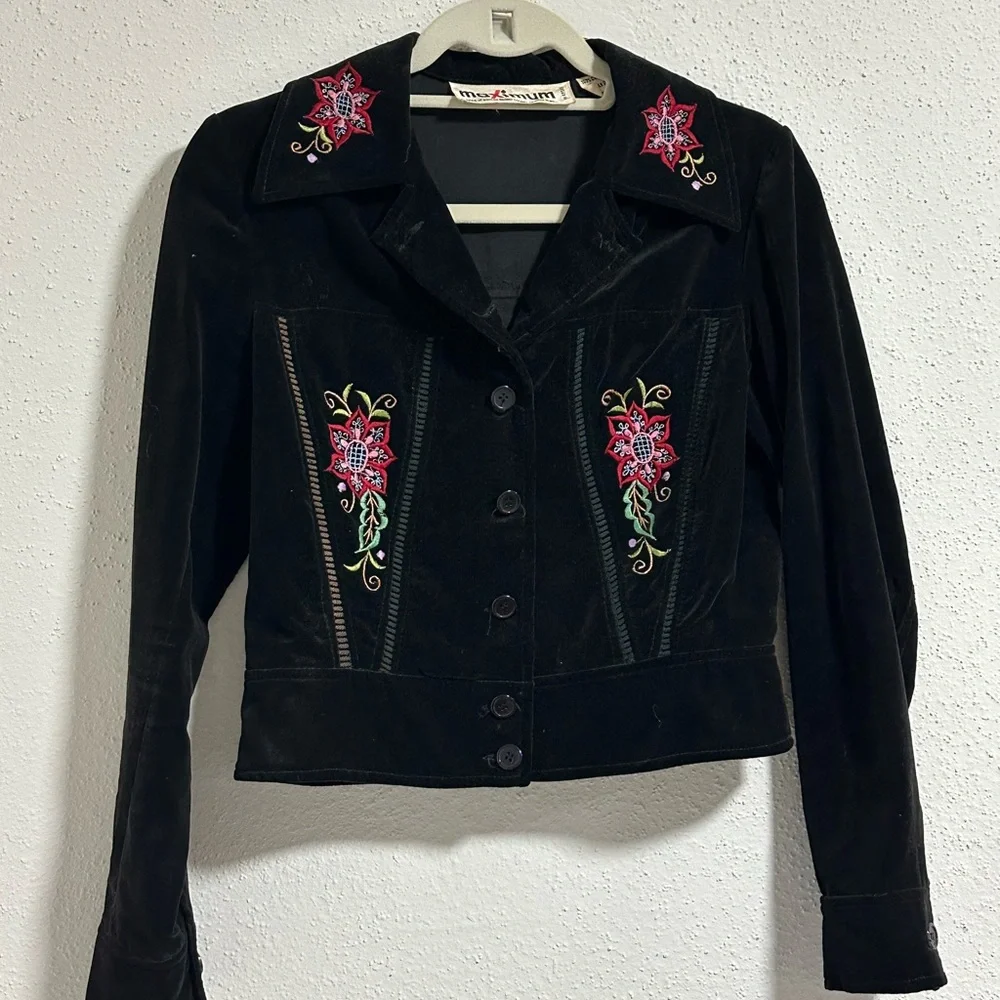 Vintage velvet black jacket and pants size youth 8 Pink and green embroidery.